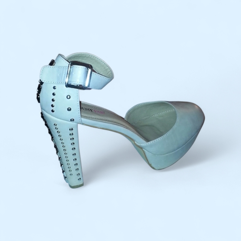 Studded Ankle-Strap High Heel Pump in Tan